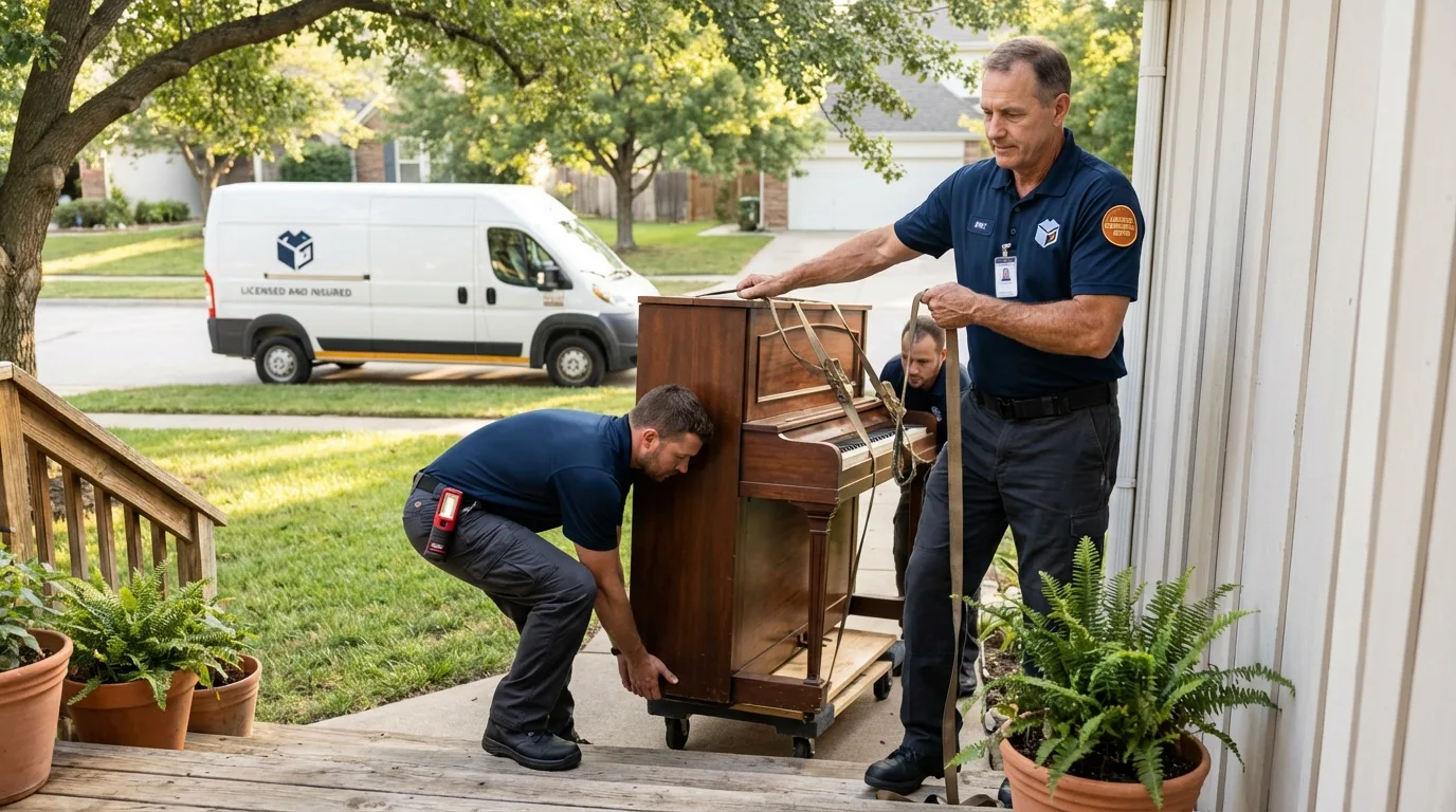 Licensed piano movers securing grand piano in Veedersburg, IN
