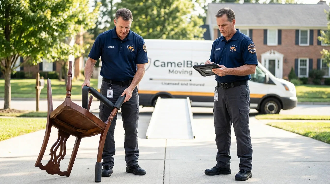 Movers inspecting furniture for damage prevention before loading in Veedersburg, IN