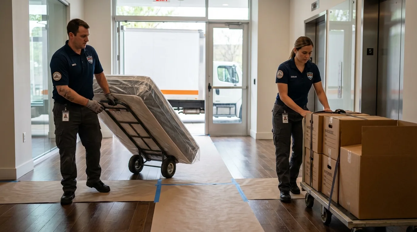 Professional apartment movers loading elevator in Veedersburg, IN