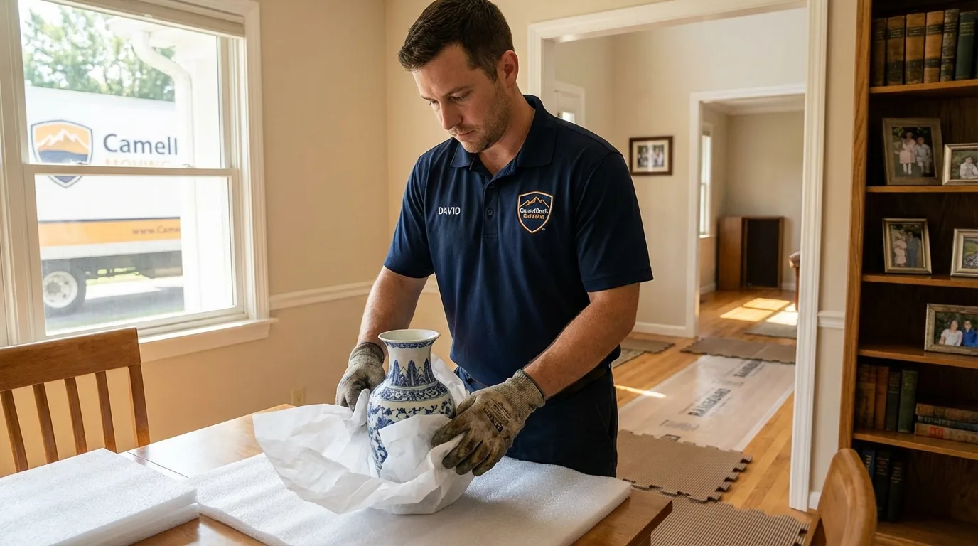 Professional crew carefully wrapping antique vase for senior downsizing move in Veedersburg, IN