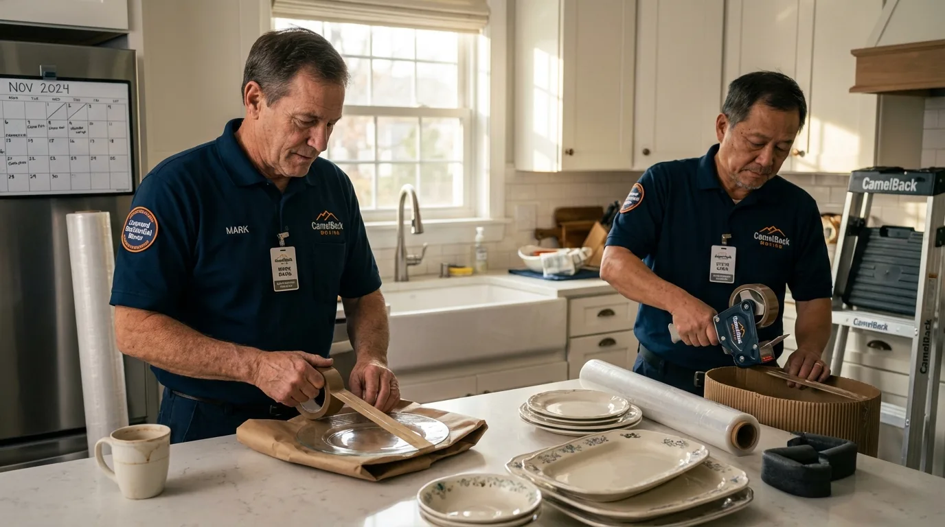 Professional crew packing kitchen dishware in Veedersburg, IN